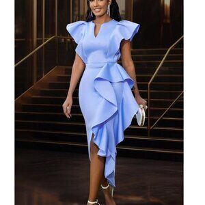 NEW - Elegant Light Blue Notched Neck Cap Sleeves Asymmetrical Hem Party Dress
